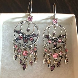 Y2K Silver Dangly Earrings with Purple and Pink Rhinestones